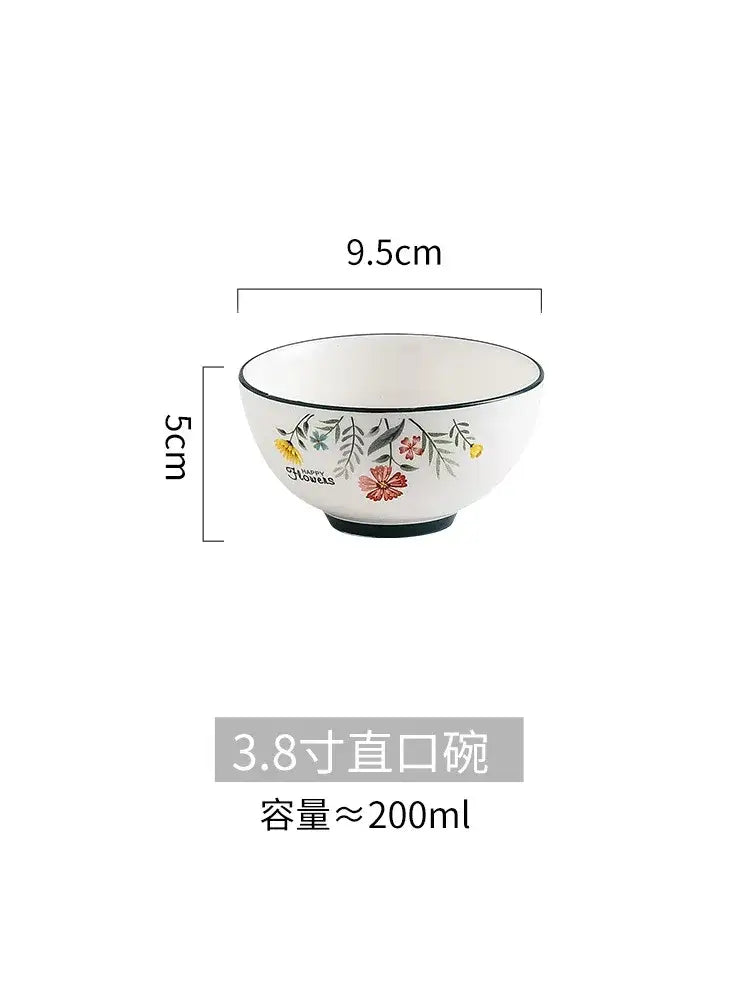 Floral white bone china rice noodles bowl and plate set dining room