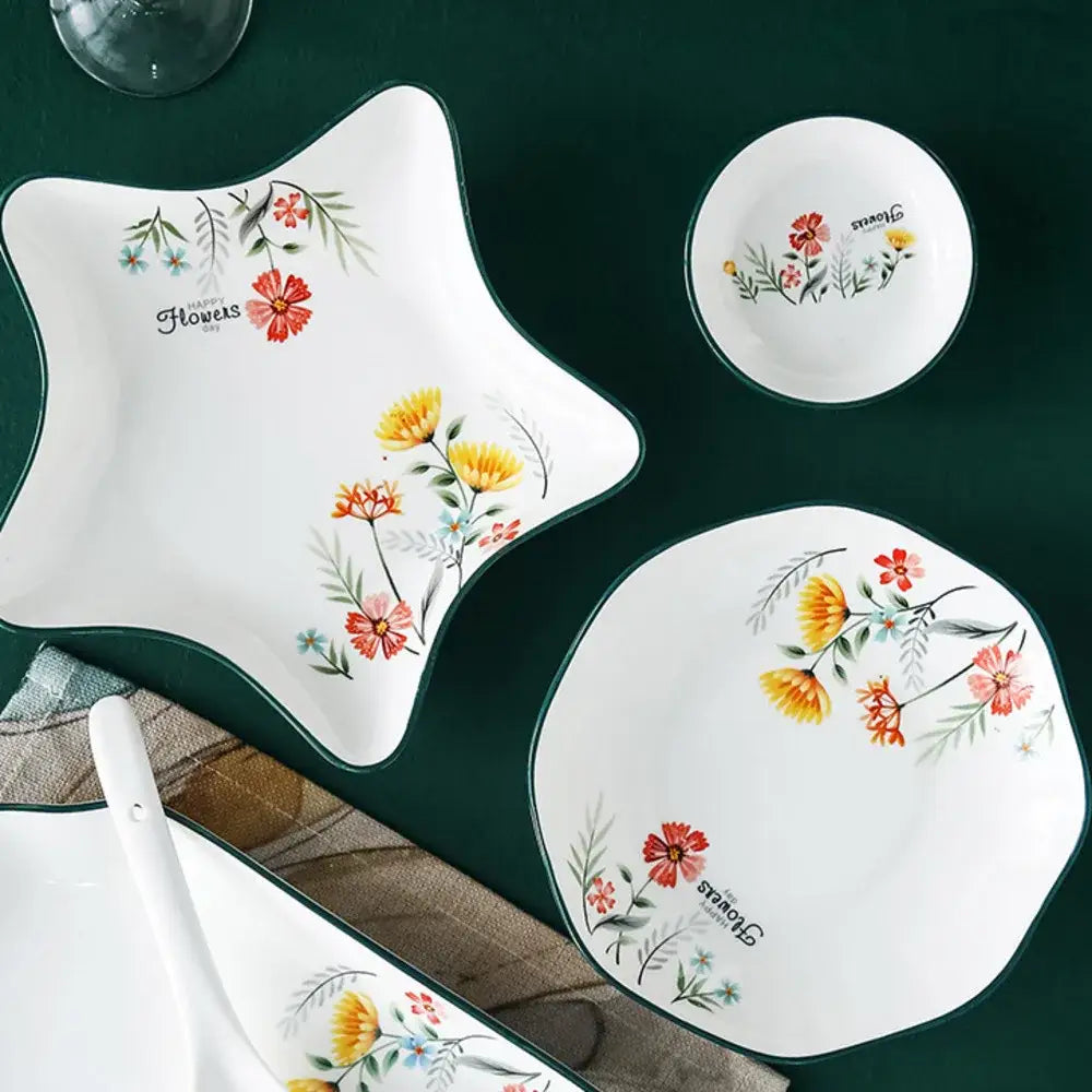 Floral white bone china rice noodles bowl and plate set dining room