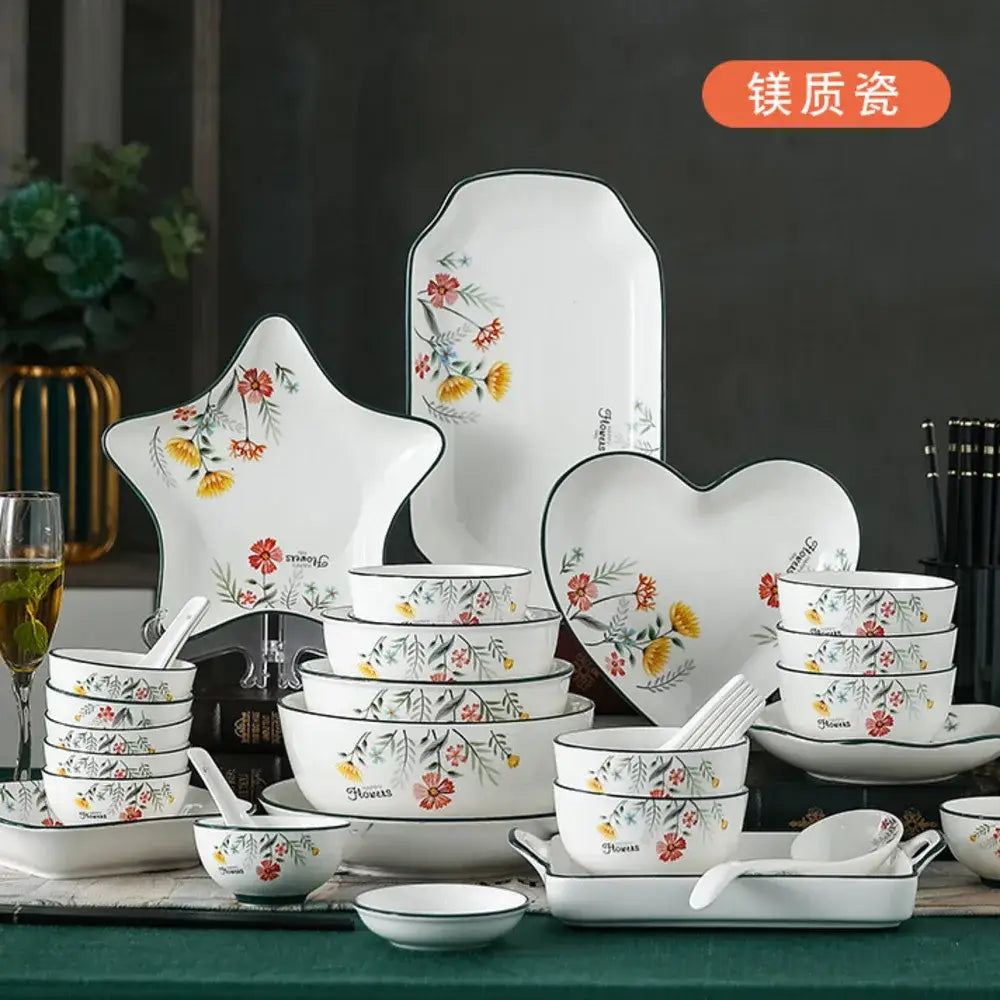 Floral white bone china rice noodles bowl and plate set dining room