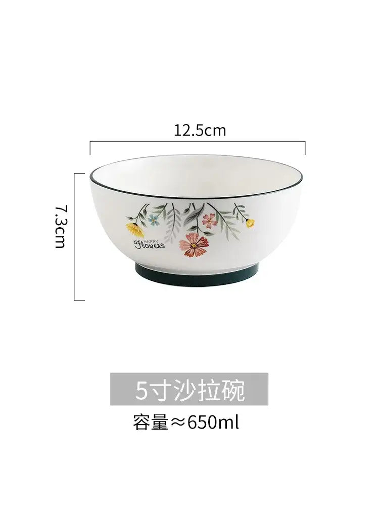 Floral white bone china rice noodles bowl and plate set dining room