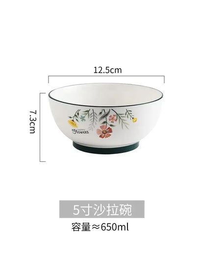 Floral white bone china rice noodles bowl and plate set dining room