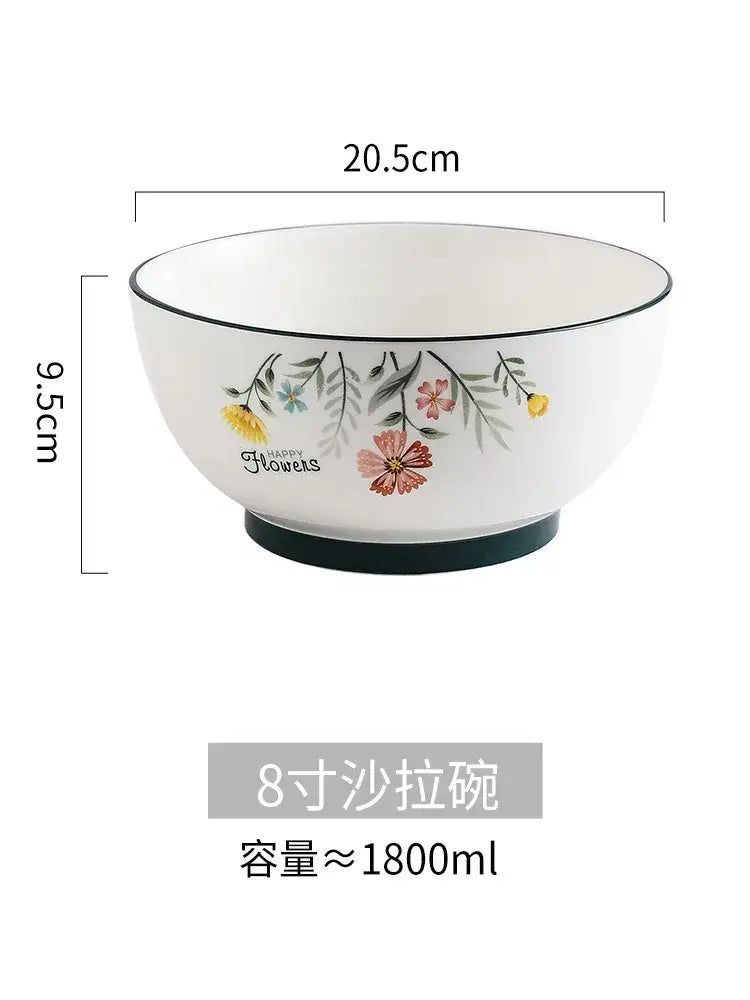 Floral white bone china rice noodles bowl and plate set dining room