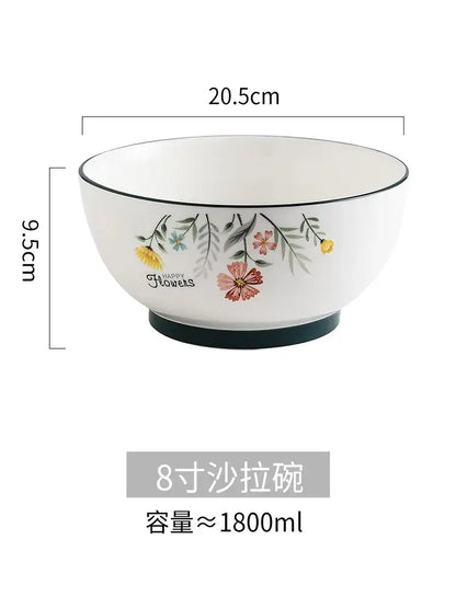 Floral white bone china rice noodles bowl and plate set dining room