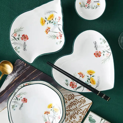 Floral white bone china rice noodles bowl and plate set dining room