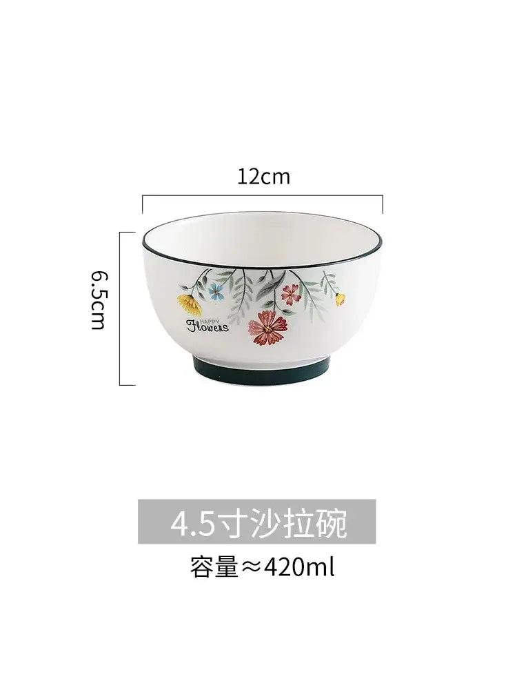 Floral white bone china rice noodles bowl and plate set dining room