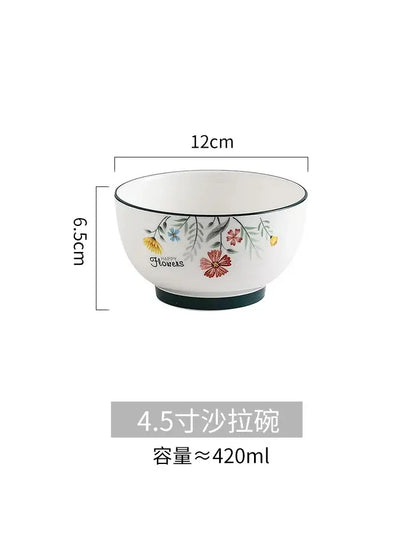 Floral white bone china rice noodles bowl and plate set dining room