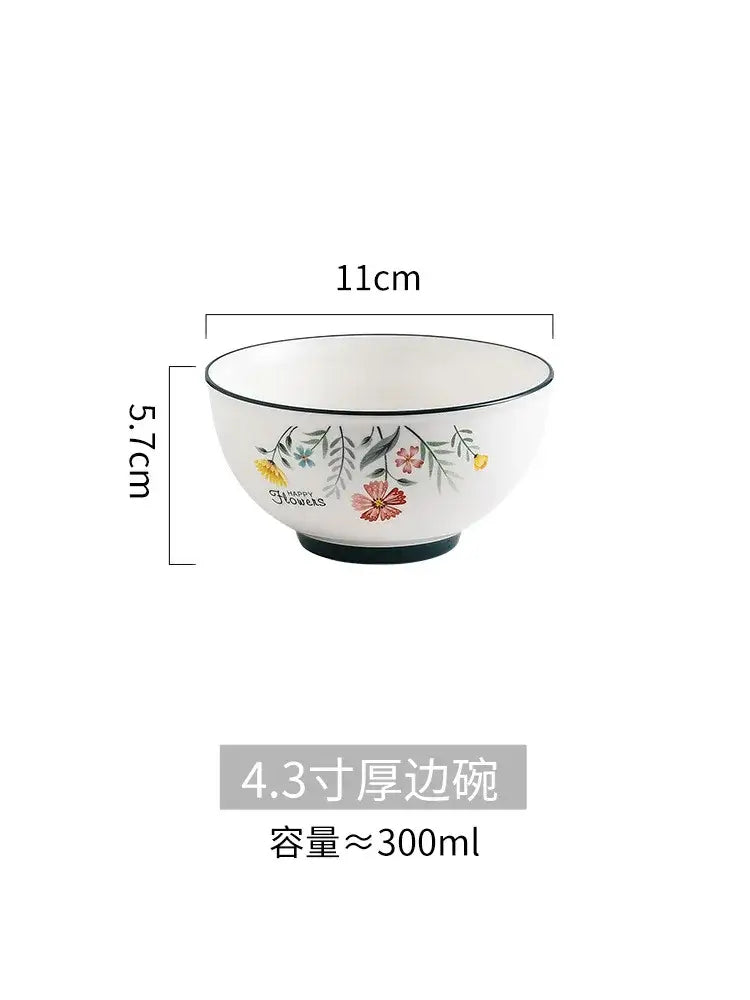 Floral white bone china rice noodles bowl and plate set dining room