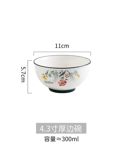 Floral white bone china rice noodles bowl and plate set dining room