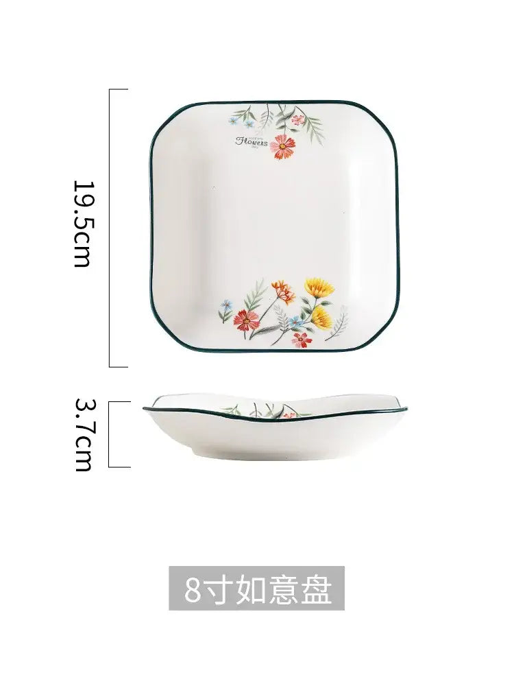 Floral white bone china rice noodles bowl and plate set dining room
