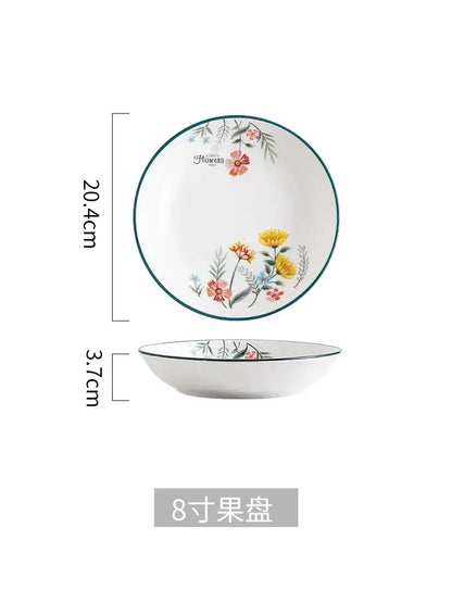 Floral white bone china rice noodles bowl and plate set dining room