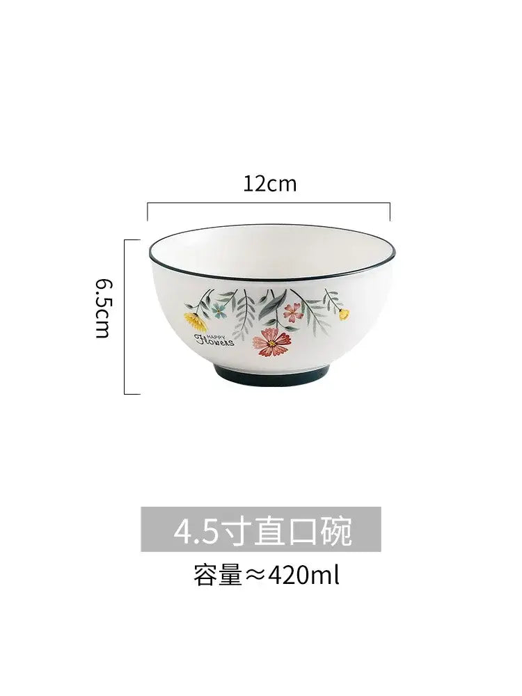 Floral white bone china rice noodles bowl and plate set dining room