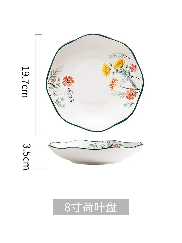 Floral white bone china rice noodles bowl and plate set dining room