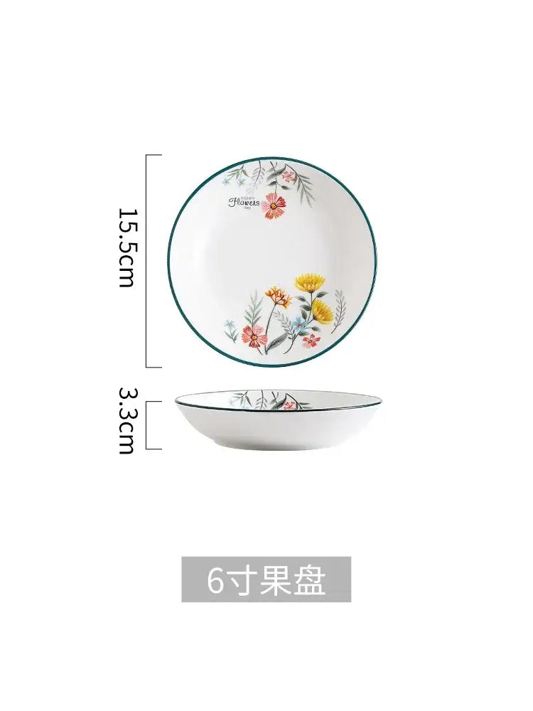 Floral white bone china rice noodles bowl and plate set dining room