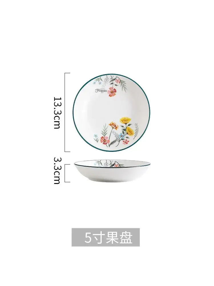 Floral white bone china rice noodles bowl and plate set dining room