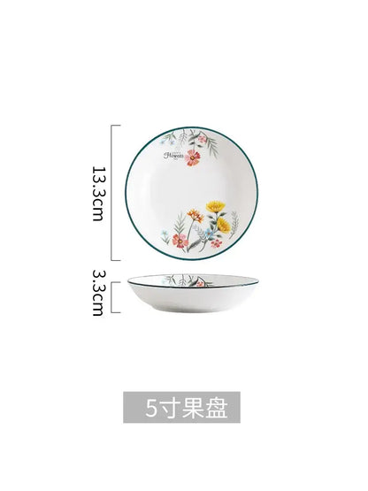 Floral white bone china rice noodles bowl and plate set dining room