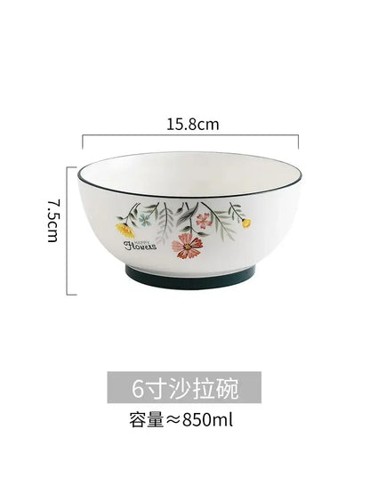 Floral white bone china rice noodles bowl and plate set dining room