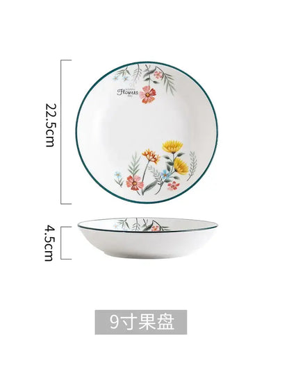 Floral white bone china rice noodles bowl and plate set dining room