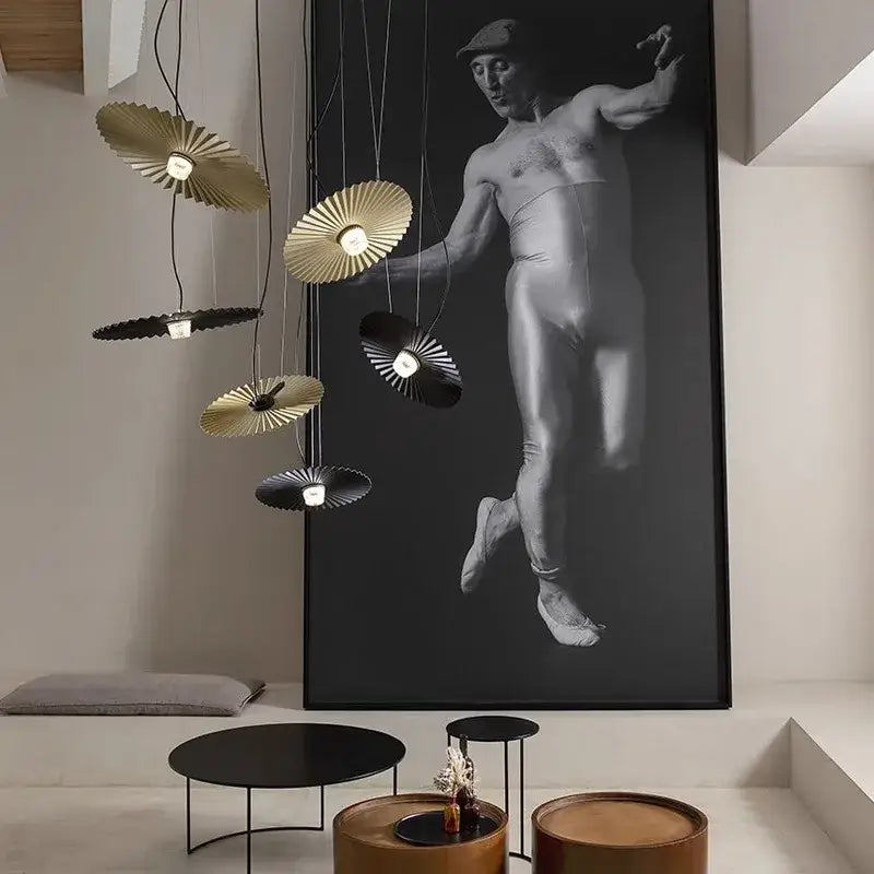 boomerang wood black & cream pleated fan dining room lamp