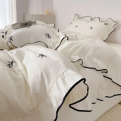 White & black bow embroidery bedding set bedroom ruffled linens
