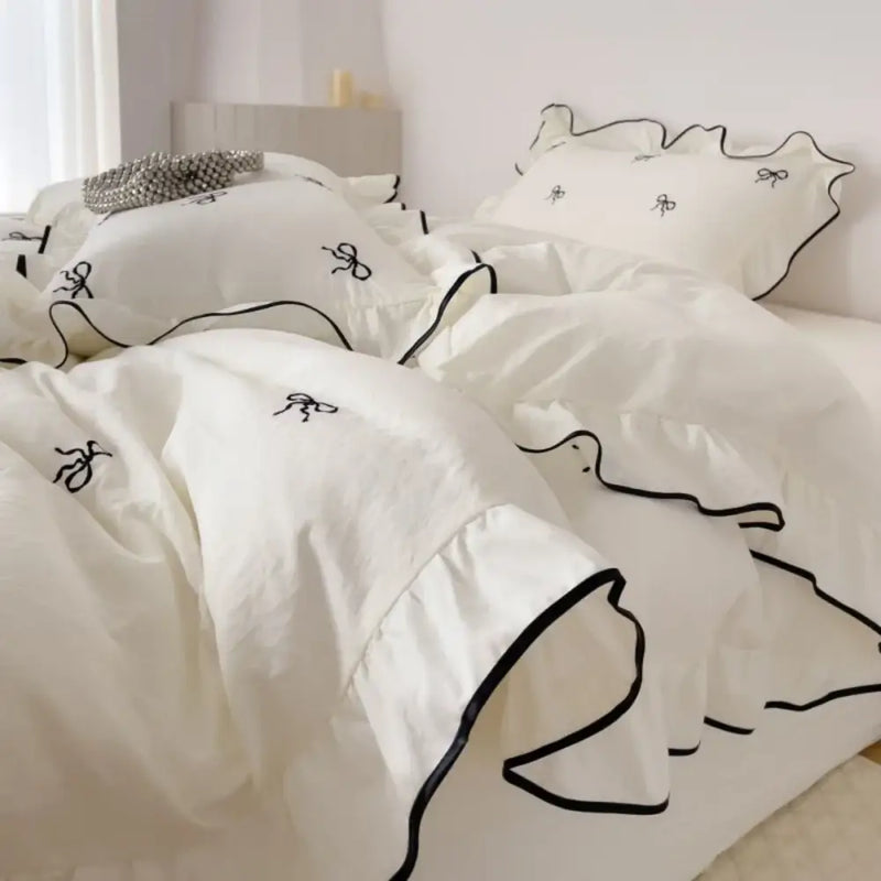 White & black bow embroidery bedding set bedroom ruffled linens