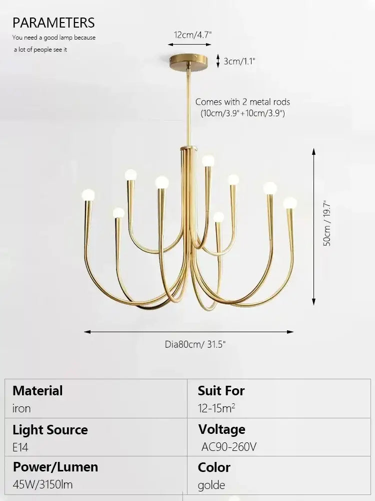 brass chandelier for dining room with curved arms