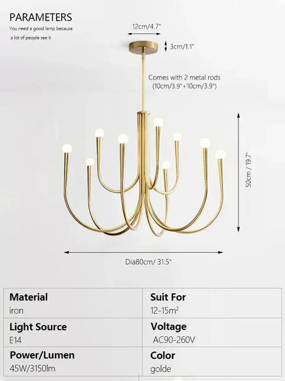 brass chandelier for dining room with curved arms