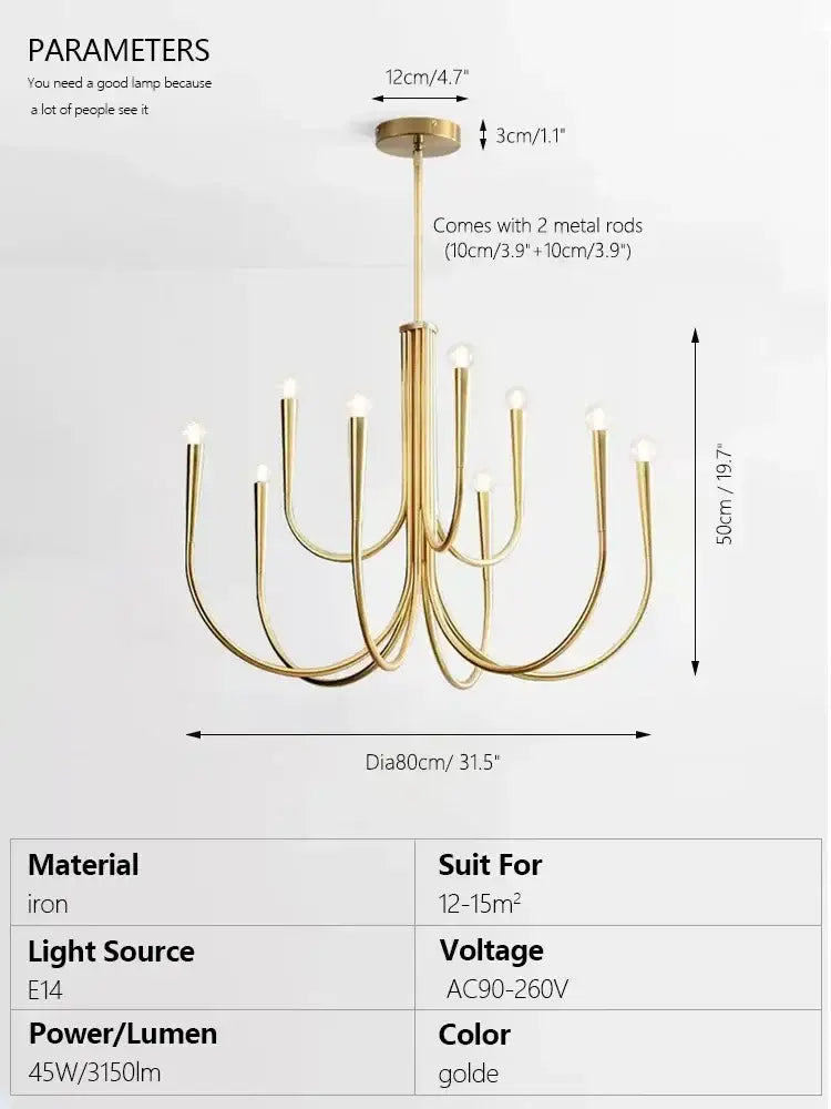 brass chandelier for dining room with curved arms