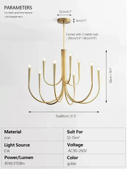 brass chandelier for dining room with curved arms