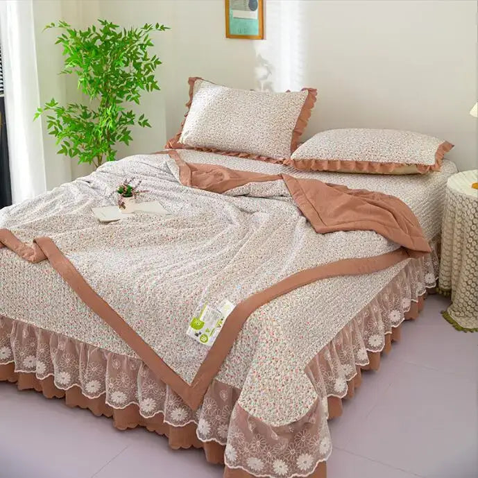 Green floral patchwork cotton bedding cover set bedroom lace trim