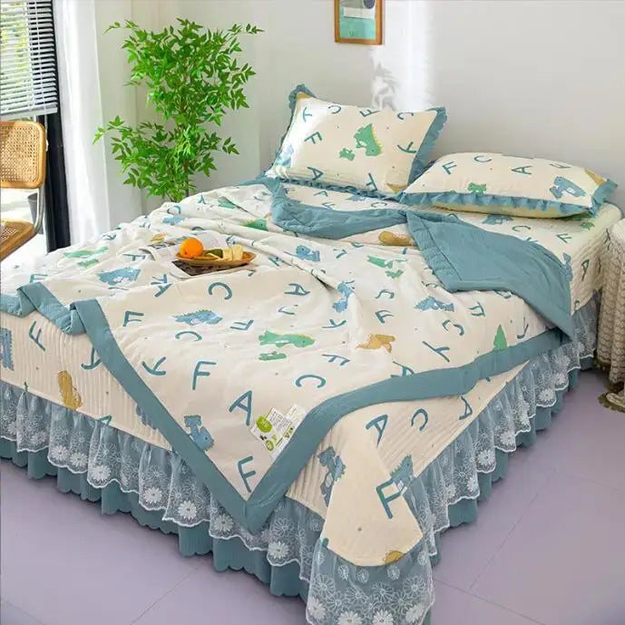 Green floral patchwork cotton bedding cover set bedroom lace trim