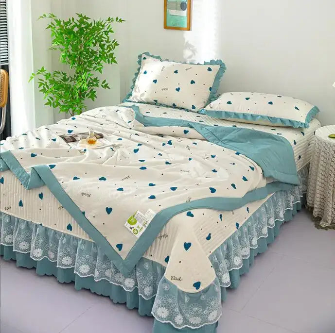 Green floral patchwork cotton bedding cover set bedroom lace trim