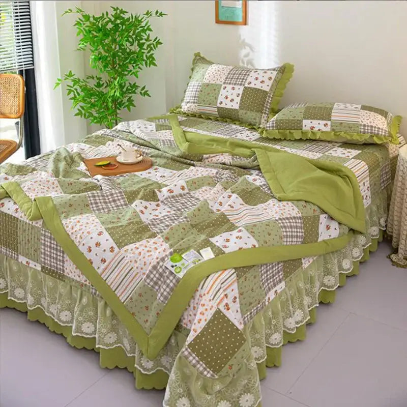 Green floral patchwork cotton bedding cover set bedroom lace trim