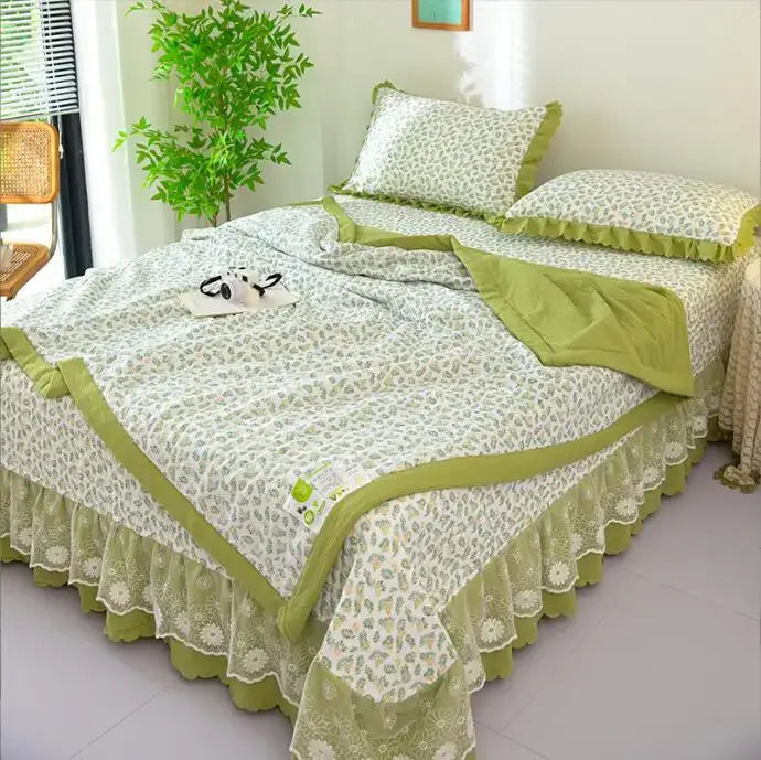 Green floral patchwork cotton bedding cover set bedroom lace trim