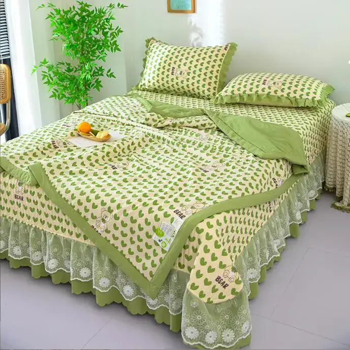 Green floral patchwork cotton bedding cover set bedroom lace trim