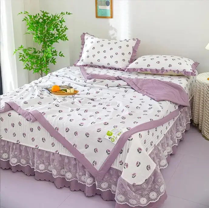 Green floral patchwork cotton bedding cover set bedroom lace trim