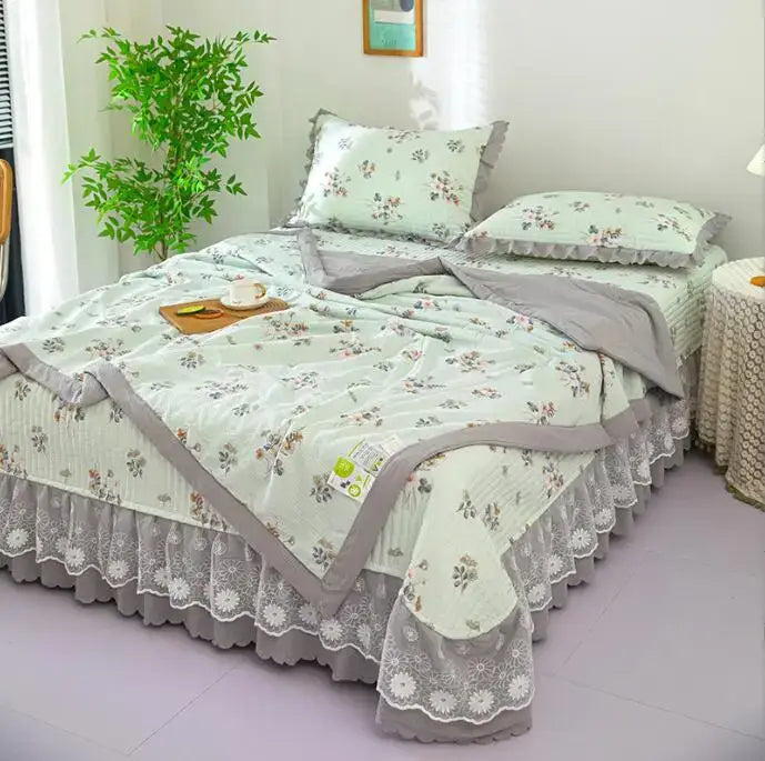 Green floral patchwork cotton bedding cover set bedroom lace trim