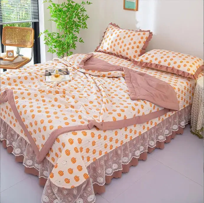 Green floral patchwork cotton bedding cover set bedroom lace trim