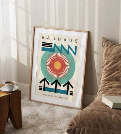 Mid century bauhaus navy & coral geometric canvas art living room