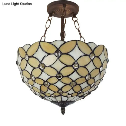 Bronze tiffany style amber stained glass semi flush mount bedroom light