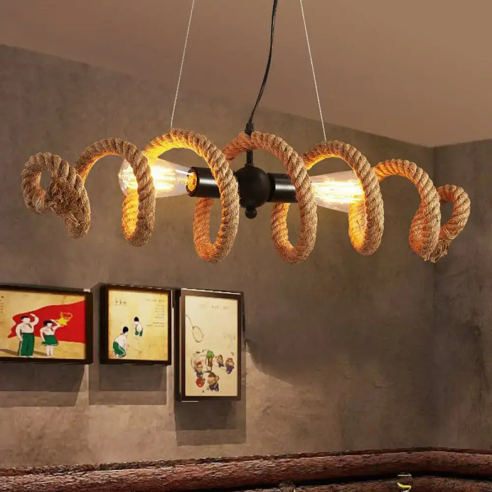 Rustic brown rope wrapped helix island pendant dining room light