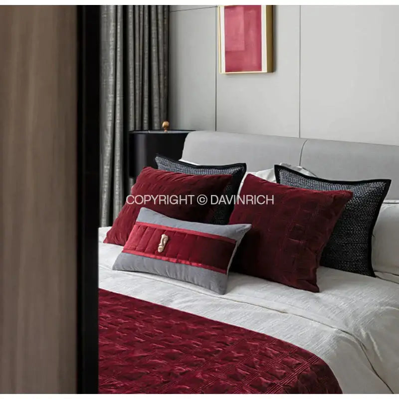 burgundy velvet geometric embroidered bed runner bedroom