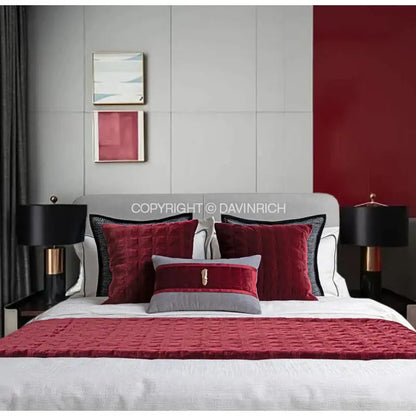 burgundy velvet geometric embroidered bed runner bedroom