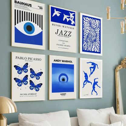 Blue and white butterfly botanical canvas art set of 6 living room