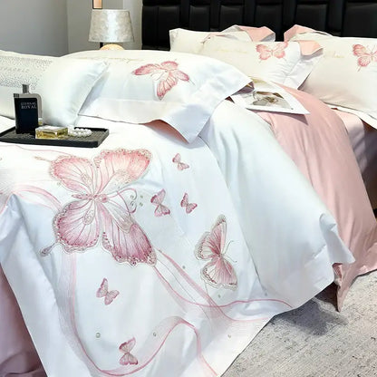 Decorbites butterfly embroidery white & pink bedding set bedroom luxury