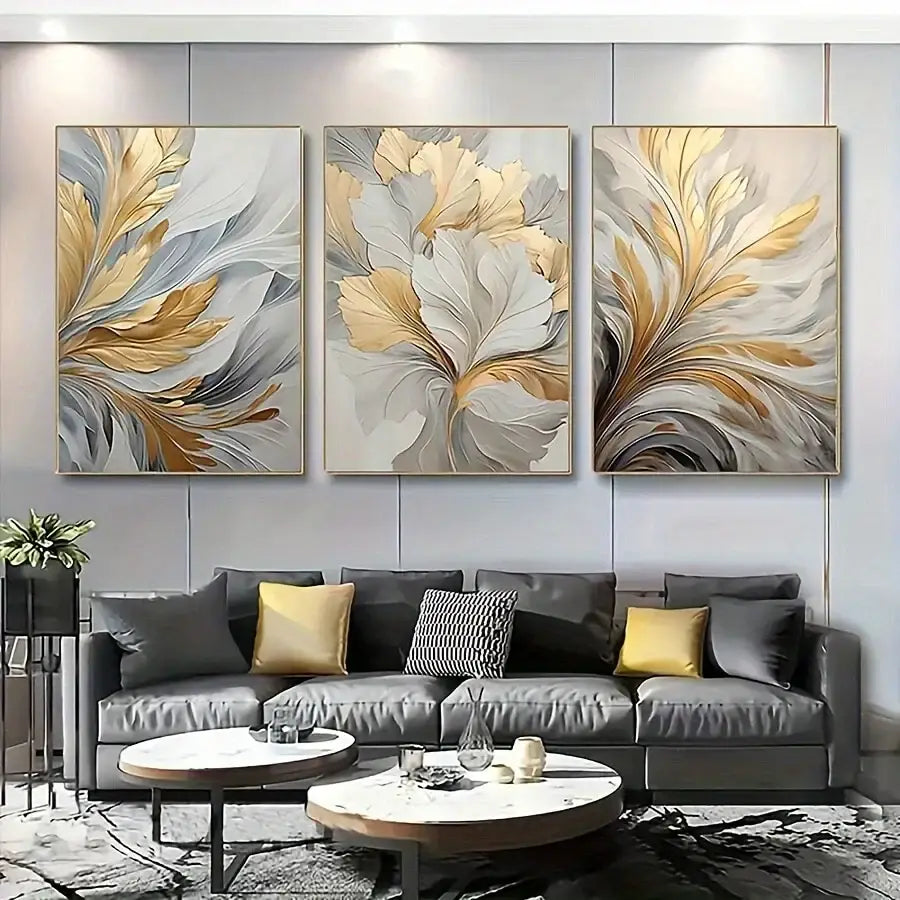 Modern abstract gold & silver botanical canvas wall art living room