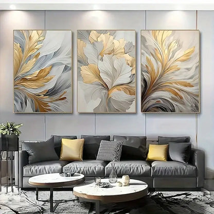 Modern abstract gold & silver botanical canvas wall art living room