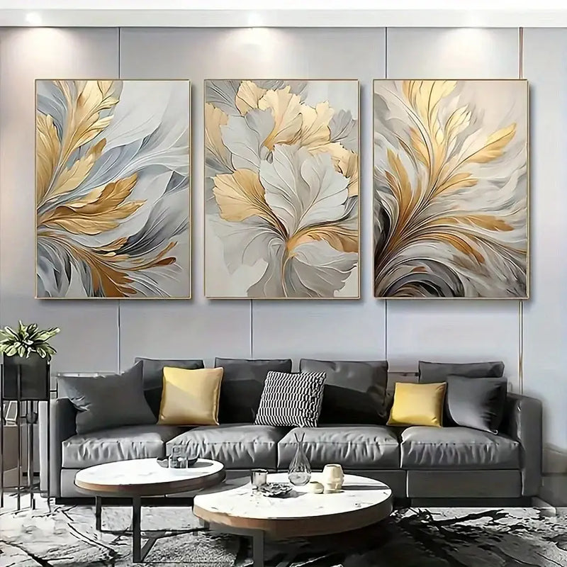 Modern abstract gold & silver botanical canvas wall art living room