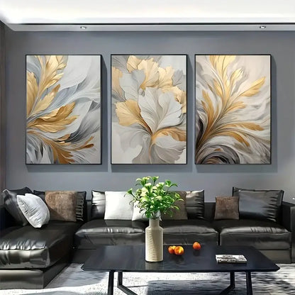 Modern abstract gold & silver botanical canvas wall art living room
