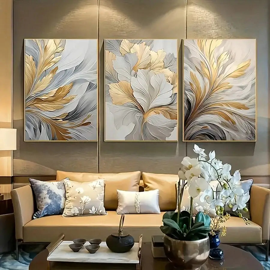 Modern abstract gold & silver botanical canvas wall art living room