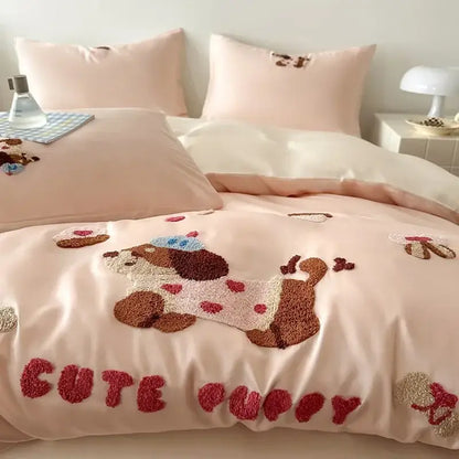 Decorbites cartoon embroidered pink & cream bedding set bedroom cotton